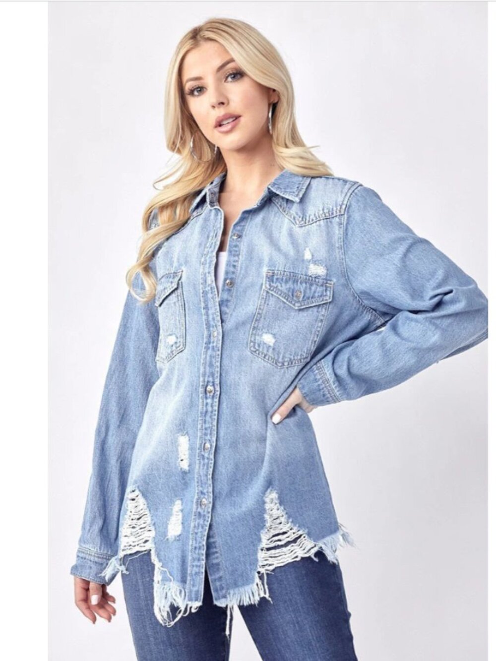 Risen Size M Blue Denim Distressed 100% Cotton Button Up Blouse